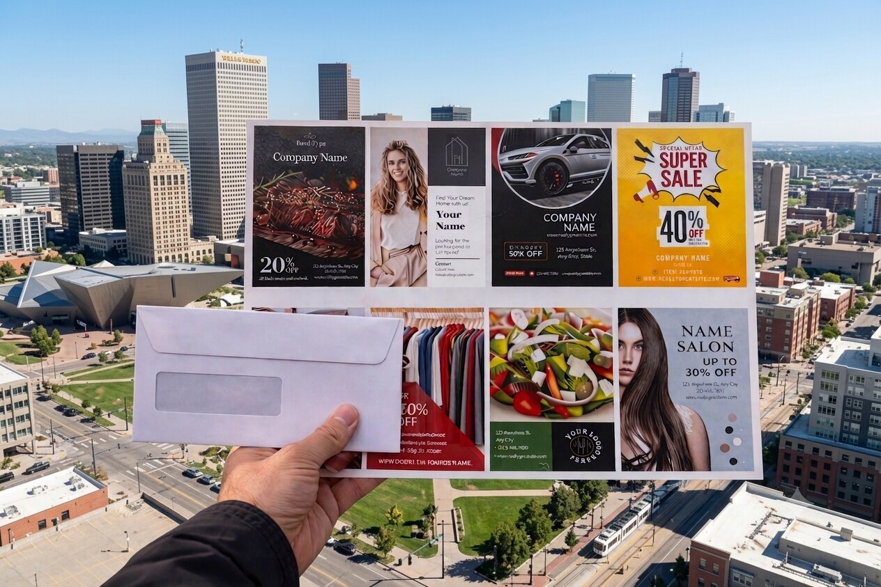 A community postcard held up against the Denver skyline